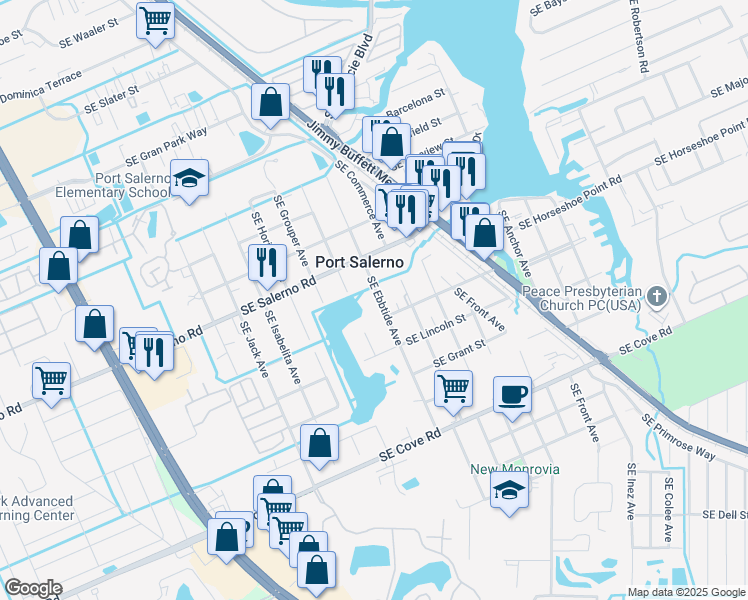 map of restaurants, bars, coffee shops, grocery stores, and more near 5040 Southeast Ebbtide Avenue in Stuart