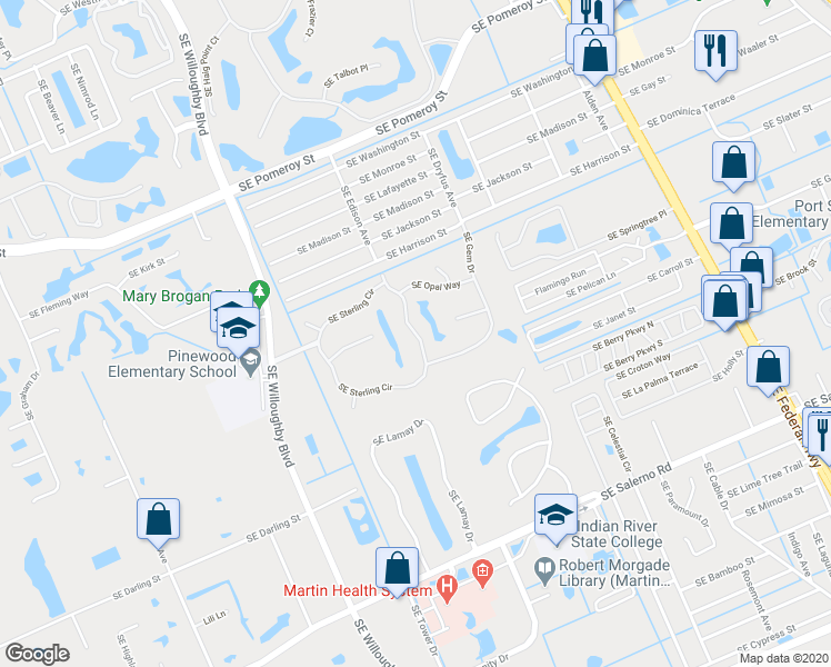map of restaurants, bars, coffee shops, grocery stores, and more near 5081 Southeast Sterling Circle in Stuart