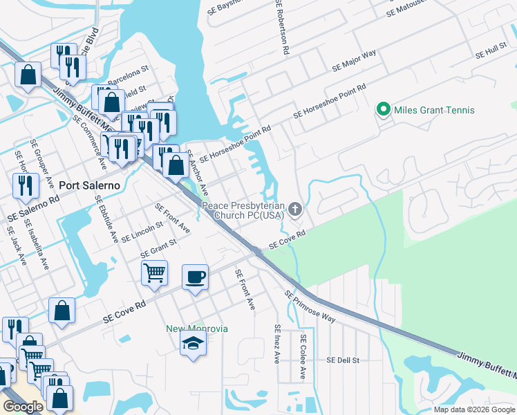 map of restaurants, bars, coffee shops, grocery stores, and more near 4769 Southeast Compass Way in Stuart