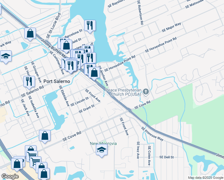 map of restaurants, bars, coffee shops, grocery stores, and more near 5040 Southeast Dixie Highway in Stuart