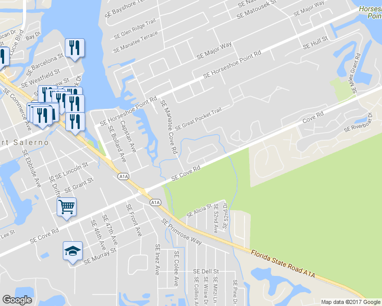 map of restaurants, bars, coffee shops, grocery stores, and more near 1904 Southeast Hansons Circle in Stuart