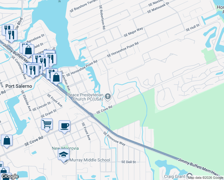 map of restaurants, bars, coffee shops, grocery stores, and more near 5005 Southeast Manatee Cove Road in Stuart