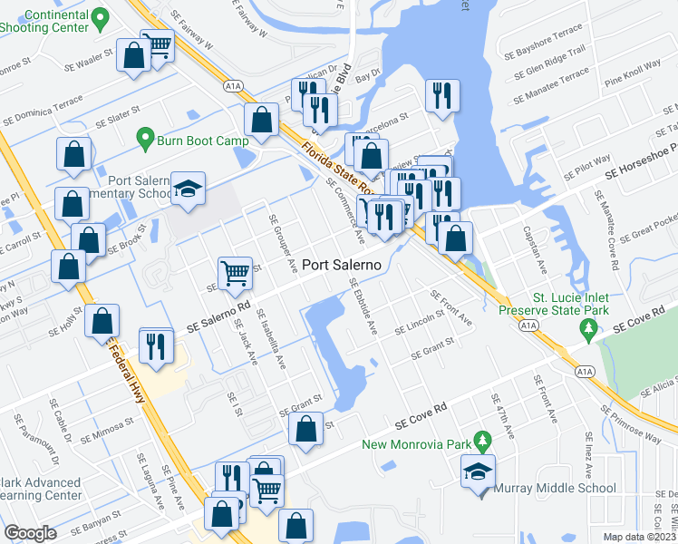 map of restaurants, bars, coffee shops, grocery stores, and more near 3940 Southeast Salerno Road in Stuart