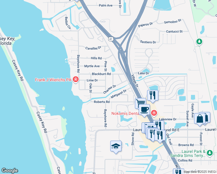 map of restaurants, bars, coffee shops, grocery stores, and more near 208 Charles Drive in Nokomis