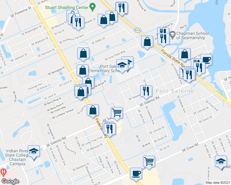 map of restaurants, bars, coffee shops, grocery stores, and more near 5122 Lisbon Circle Southeast in Stuart