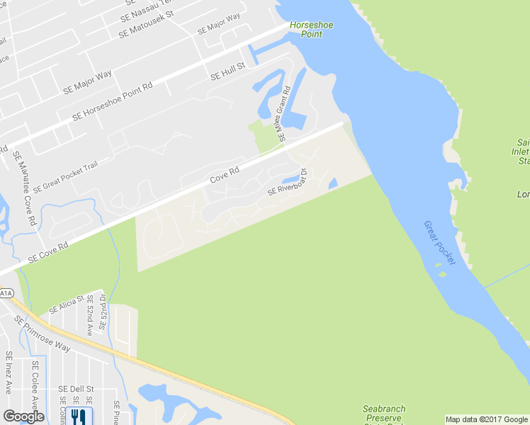 map of restaurants, bars, coffee shops, grocery stores, and more near 5942 Southeast Riverboat Drive in Stuart