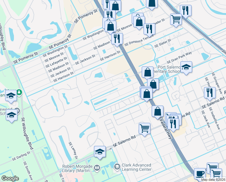 map of restaurants, bars, coffee shops, grocery stores, and more near 2626 Southeast Carroll Street in Stuart