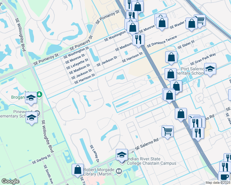 map of restaurants, bars, coffee shops, grocery stores, and more near 165 Southeast Sandpiper Terrace in Stuart