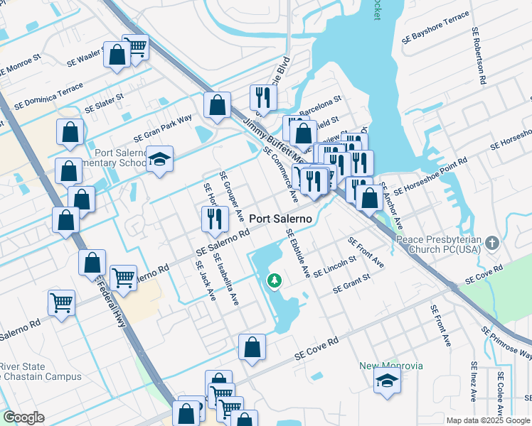 map of restaurants, bars, coffee shops, grocery stores, and more near 3805 Southeast Salerno Road in Stuart