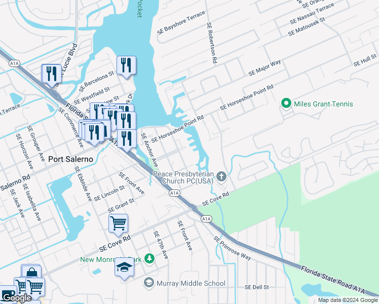 map of restaurants, bars, coffee shops, grocery stores, and more near 4883 Southeast Capstan Avenue in Stuart