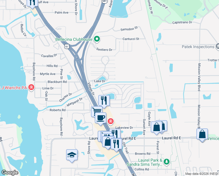 map of restaurants, bars, coffee shops, grocery stores, and more near 50 La Costa Drive in Nokomis