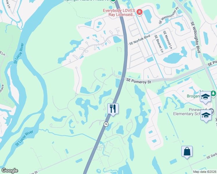 map of restaurants, bars, coffee shops, grocery stores, and more near 4882 Southwest Millbrook Lane in Stuart