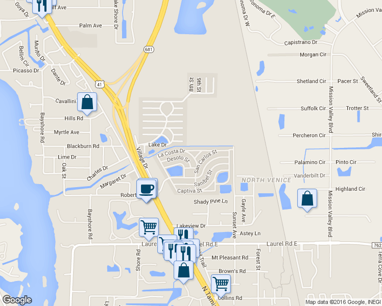 map of restaurants, bars, coffee shops, grocery stores, and more near 32 Sierra Vista Street in Nokomis