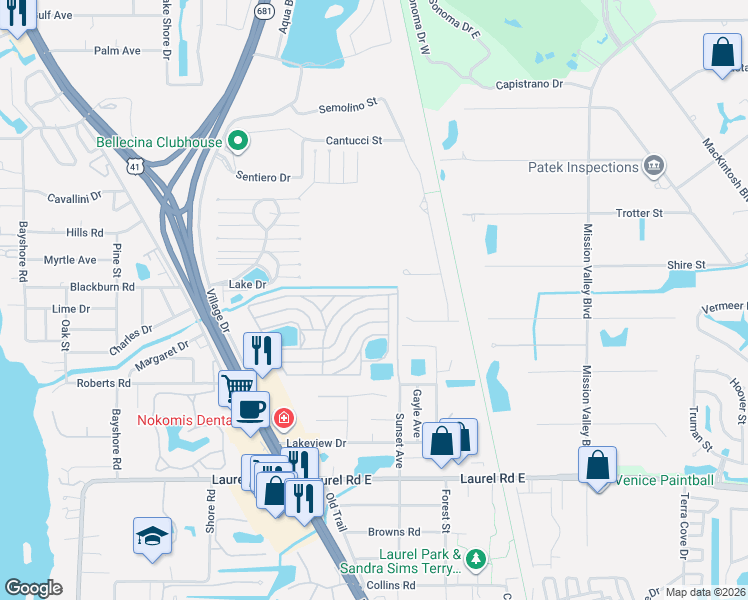 map of restaurants, bars, coffee shops, grocery stores, and more near 250 San Carlos Street in Nokomis