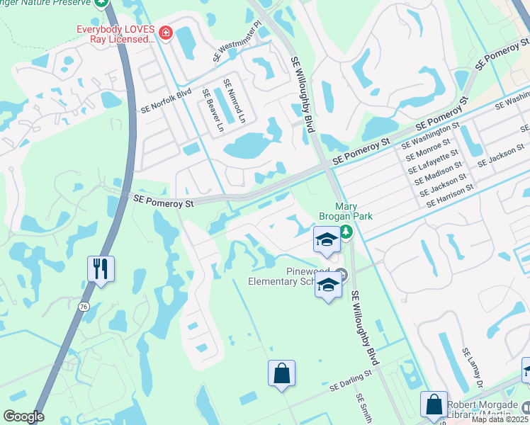 map of restaurants, bars, coffee shops, grocery stores, and more near 1147 Southeast Kirk Street in Stuart