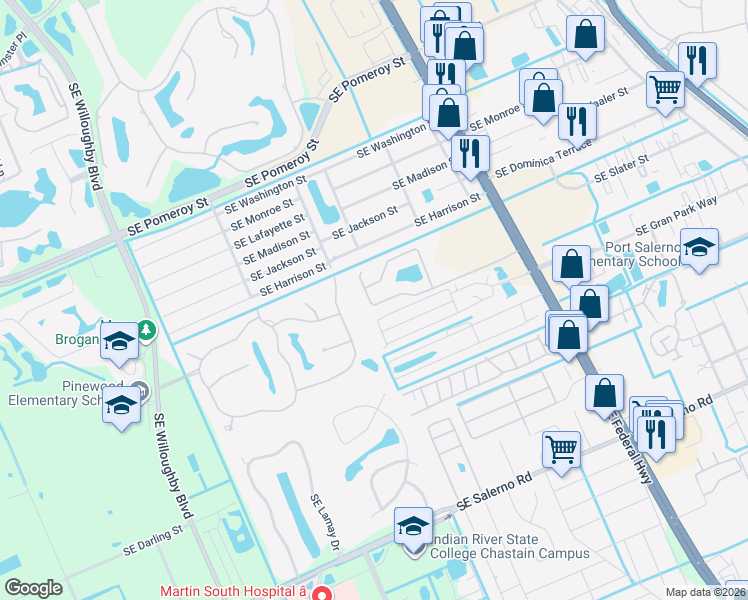 map of restaurants, bars, coffee shops, grocery stores, and more near 2509 Southeast Springtree Place in Stuart