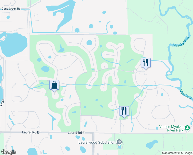 map of restaurants, bars, coffee shops, grocery stores, and more near 132 Martellago Drive in Venice