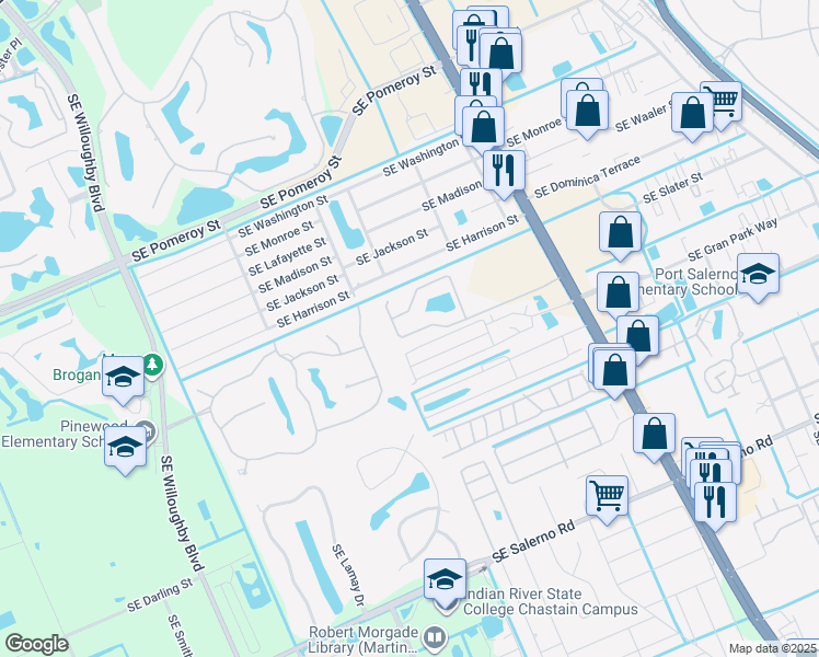 map of restaurants, bars, coffee shops, grocery stores, and more near 2521 Southeast Springtree Place in Stuart