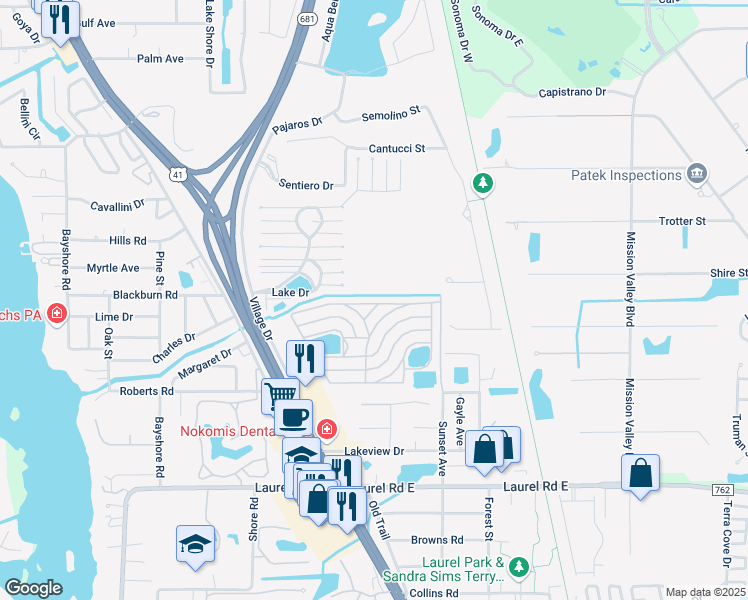map of restaurants, bars, coffee shops, grocery stores, and more near 32 Sierra Vista Street in Nokomis