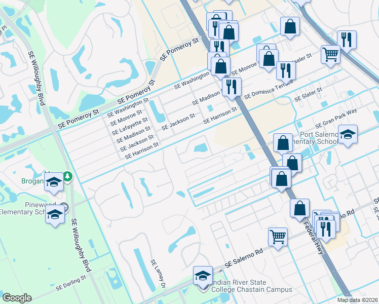 map of restaurants, bars, coffee shops, grocery stores, and more near 4644 Southeast Winter Haven Court in Stuart