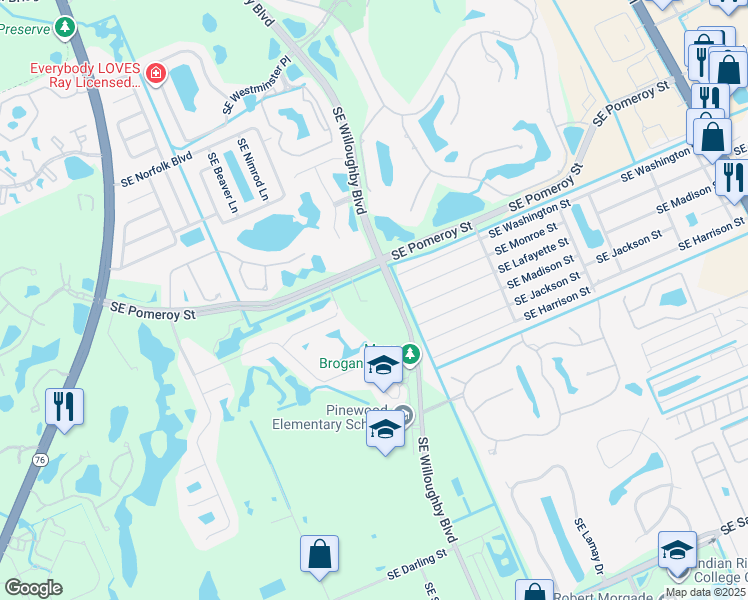 map of restaurants, bars, coffee shops, grocery stores, and more near 4900 Southeast Willoughby Boulevard in Stuart