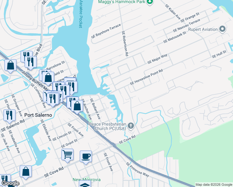 map of restaurants, bars, coffee shops, grocery stores, and more near 4750 Southeast Horseshoe Point Road in Stuart