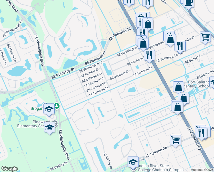 map of restaurants, bars, coffee shops, grocery stores, and more near 2217 Southeast Harrison Street in Stuart