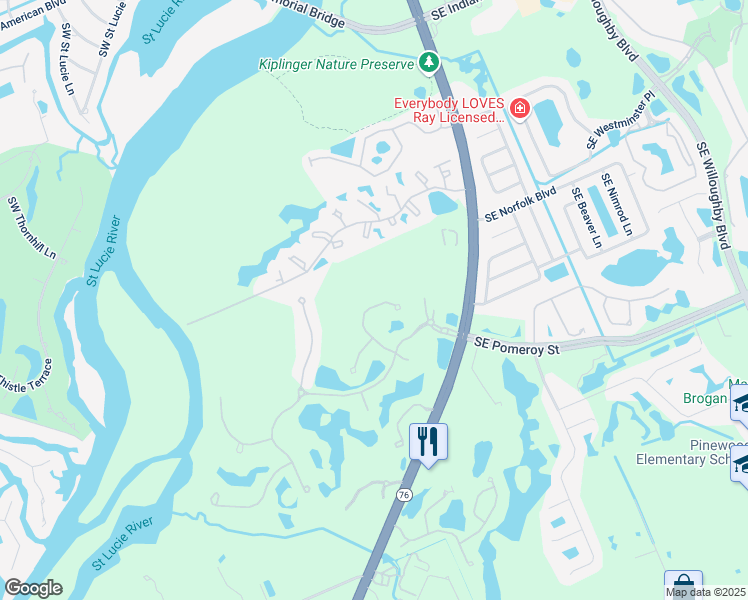map of restaurants, bars, coffee shops, grocery stores, and more near 4753 Southwest Millbrook Lane in Stuart