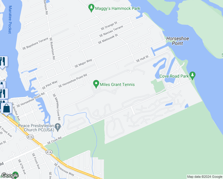 map of restaurants, bars, coffee shops, grocery stores, and more near 5353 Southeast Miles Grant Road in Stuart