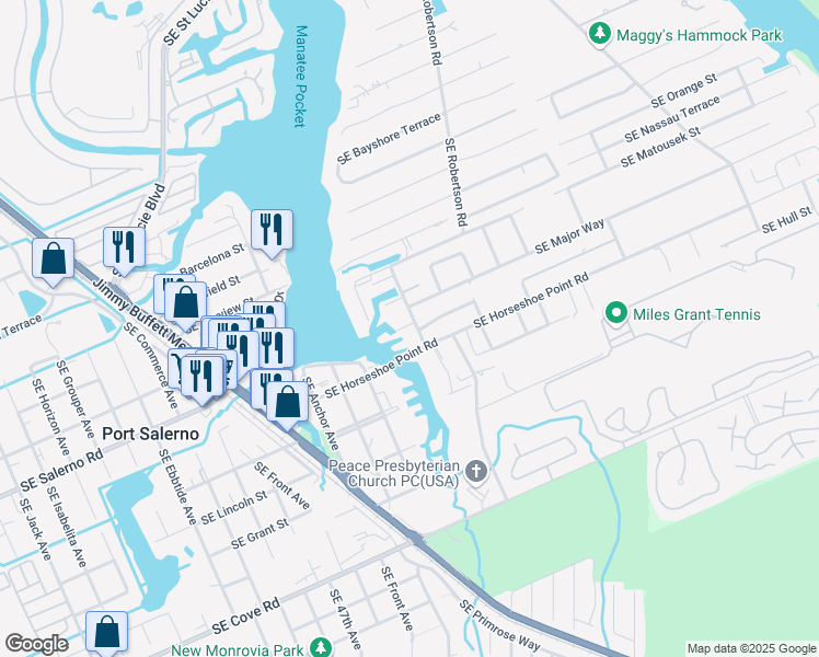 map of restaurants, bars, coffee shops, grocery stores, and more near 4680 Southeast Robertson Road in Stuart