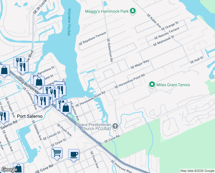 map of restaurants, bars, coffee shops, grocery stores, and more near 4864 Southeast Pilot Way in Stuart