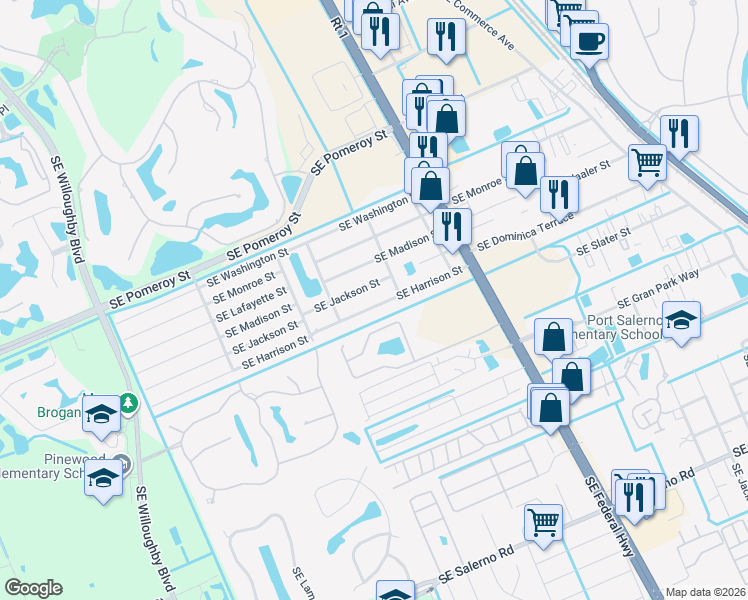 map of restaurants, bars, coffee shops, grocery stores, and more near 2392 Southeast Jackson Street in Stuart