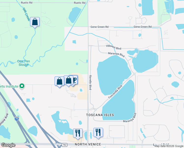 map of restaurants, bars, coffee shops, grocery stores, and more near 1080 Knights Trail Rd in Venice