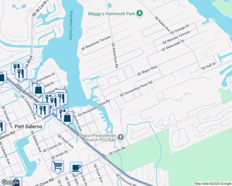 map of restaurants, bars, coffee shops, grocery stores, and more near 4864 Southeast Pilot Way in Stuart