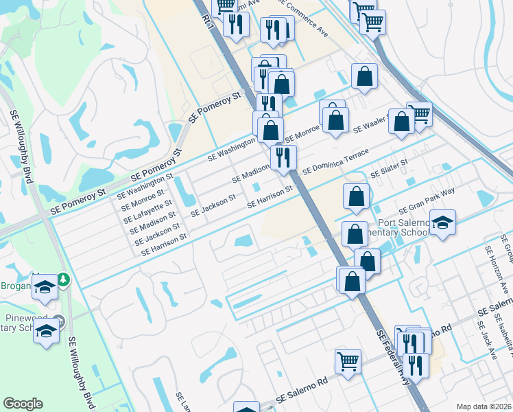 map of restaurants, bars, coffee shops, grocery stores, and more near 2538 Southeast Harrison Street in Stuart