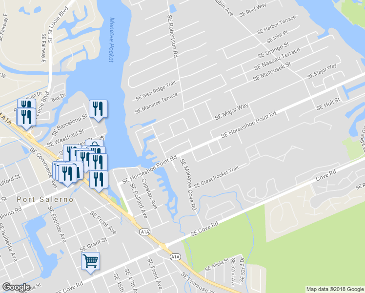 map of restaurants, bars, coffee shops, grocery stores, and more near 4864 Southeast Pilot Way in Stuart