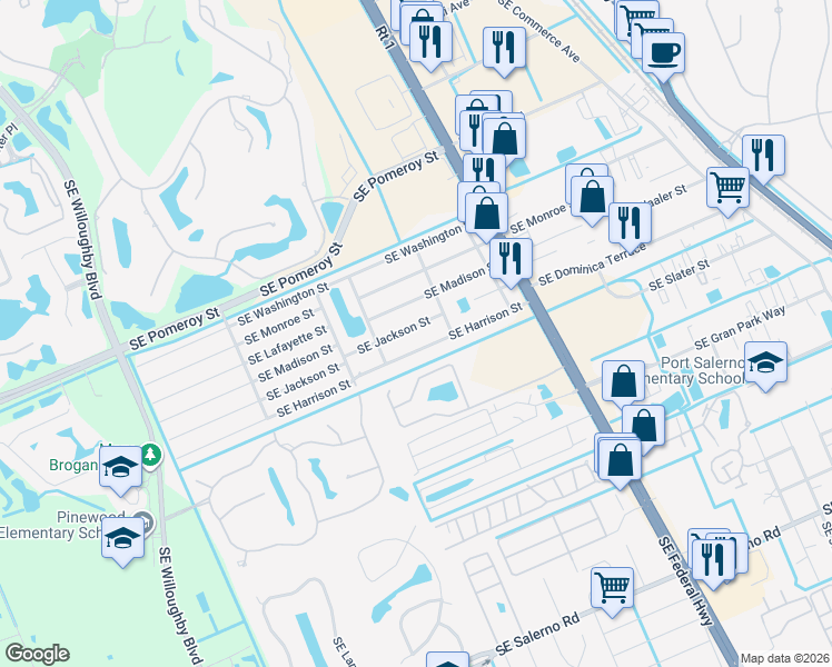 map of restaurants, bars, coffee shops, grocery stores, and more near 2392 Southeast Jackson Street in Stuart