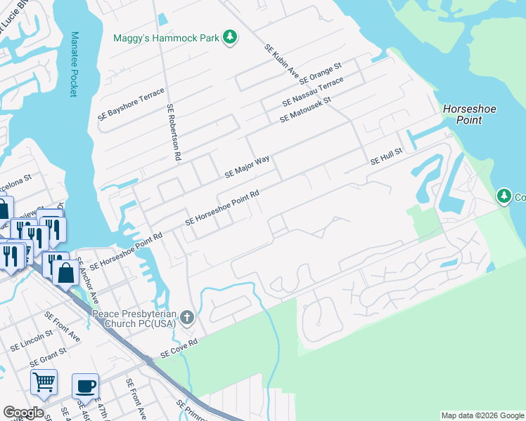 map of restaurants, bars, coffee shops, grocery stores, and more near 5270 Southeast Horseshoe Point Road in Stuart