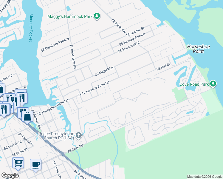 map of restaurants, bars, coffee shops, grocery stores, and more near 5270 Southeast Horseshoe Point Road in Stuart