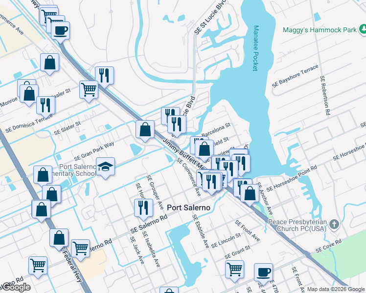 map of restaurants, bars, coffee shops, grocery stores, and more near 4595 Old Dixie Highway in Stuart