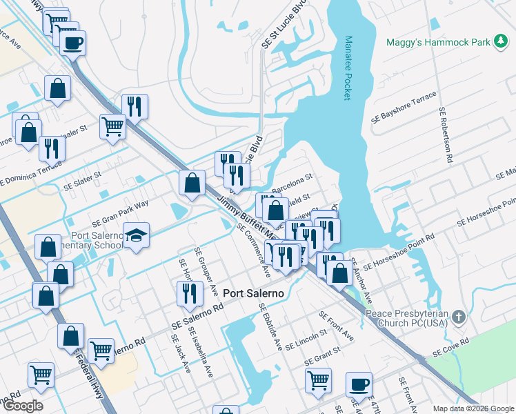 map of restaurants, bars, coffee shops, grocery stores, and more near 4595 Old Dixie Highway in Stuart