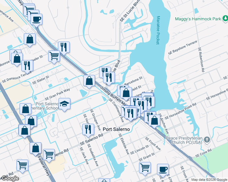 map of restaurants, bars, coffee shops, grocery stores, and more near 4595 Old Dixie Highway in Stuart