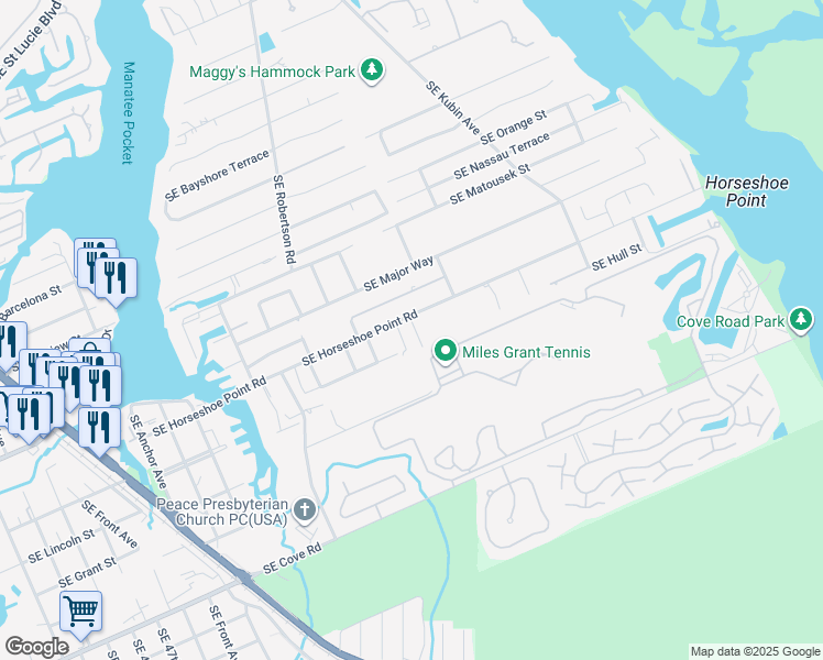 map of restaurants, bars, coffee shops, grocery stores, and more near 4586 Southeast Top Of The Hill Lane in Stuart