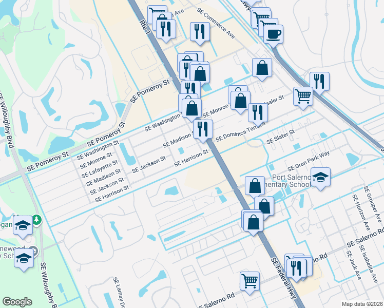 map of restaurants, bars, coffee shops, grocery stores, and more near 2608 Southeast Harrison Street in Stuart