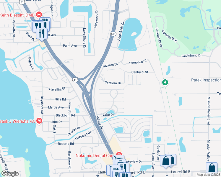 map of restaurants, bars, coffee shops, grocery stores, and more near 100 Circle Drive in Nokomis