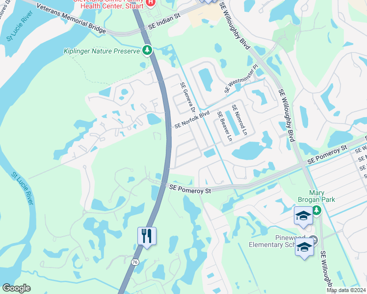 map of restaurants, bars, coffee shops, grocery stores, and more near 84 Southeast Ontario Way in Stuart