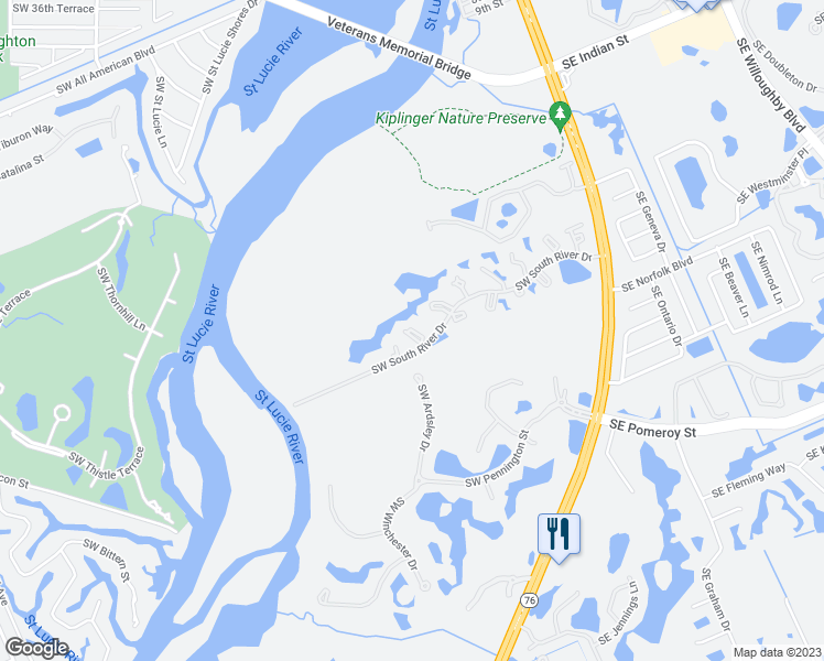 map of restaurants, bars, coffee shops, grocery stores, and more near 671 Southwest South River Drive in Stuart