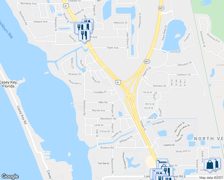 map of restaurants, bars, coffee shops, grocery stores, and more near 61 Cavallini Drive in Nokomis