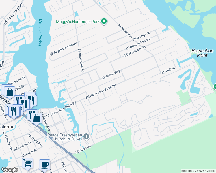 map of restaurants, bars, coffee shops, grocery stores, and more near 5214 Southeast Tall Pines Way in Stuart