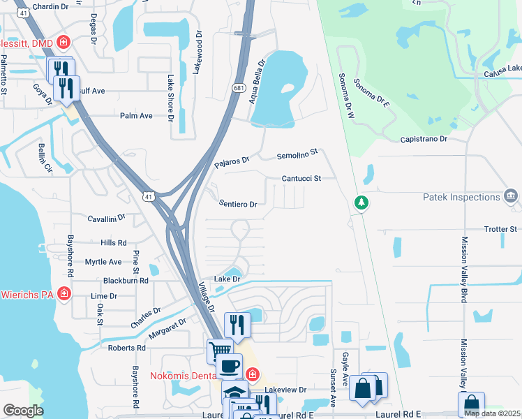 map of restaurants, bars, coffee shops, grocery stores, and more near 5556 Sentiero Drive in Nokomis